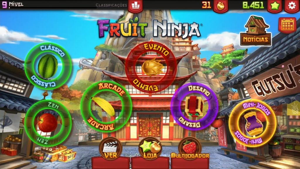 شاشة بدء لعبة Fruit Ninja ، تعرض جميع أوضاع اللعب المختلفة