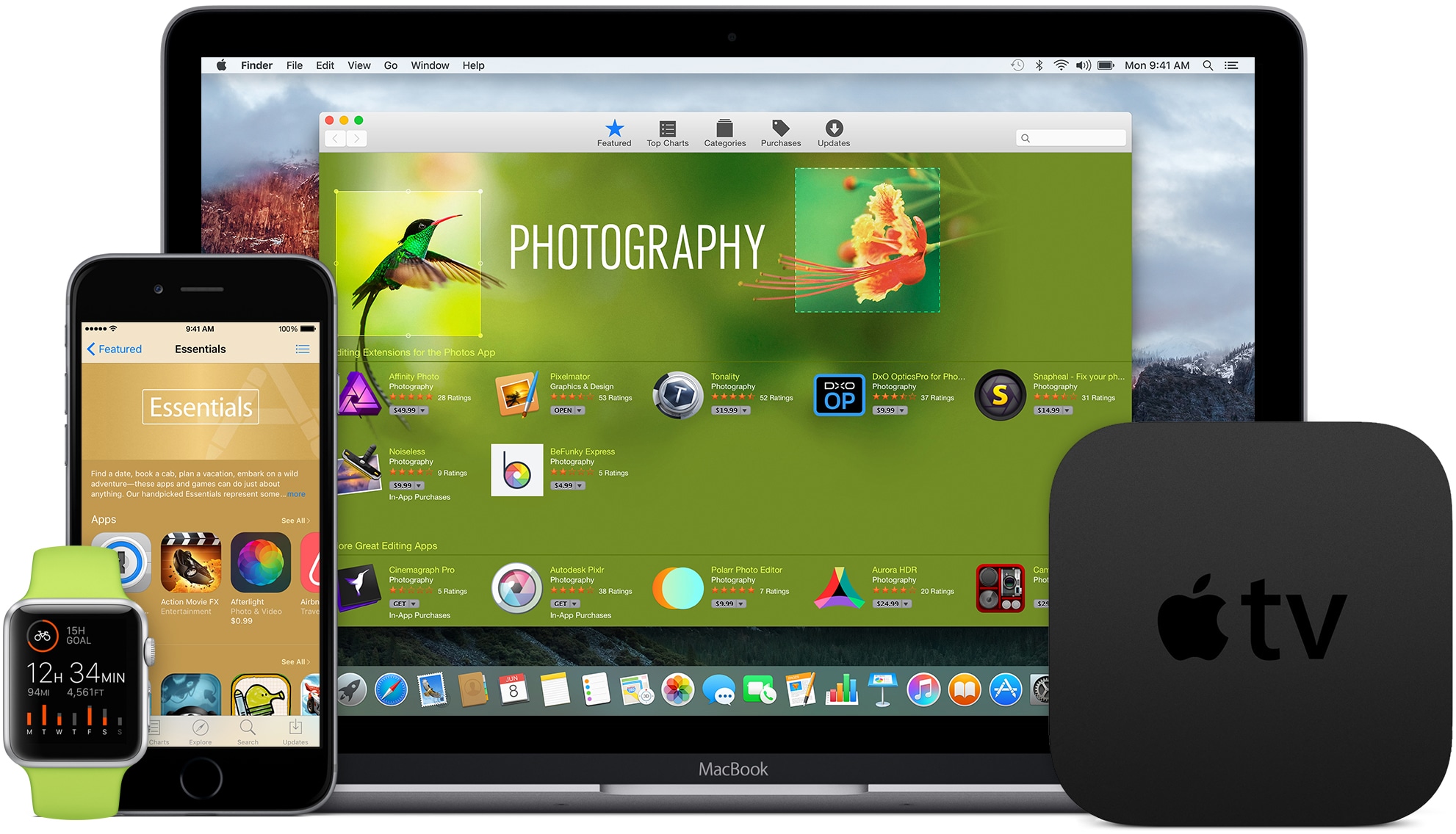 Apple Watch و iPhone و MacBook و Apple TV من الأمام (عائلة iProducts)