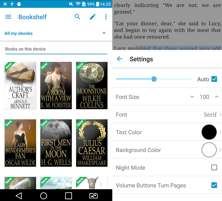 تظهر الصورة شاشتين من التطبيق. الأول مع الكتب المسجلة على الهاتف الخليوي والثاني مع تكوين النص للقراءة.